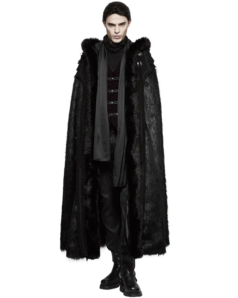 Punk Rave Mens Gothic Cloak Coat Black Faux Fur Hooded Steampunk Knight GOT LARP