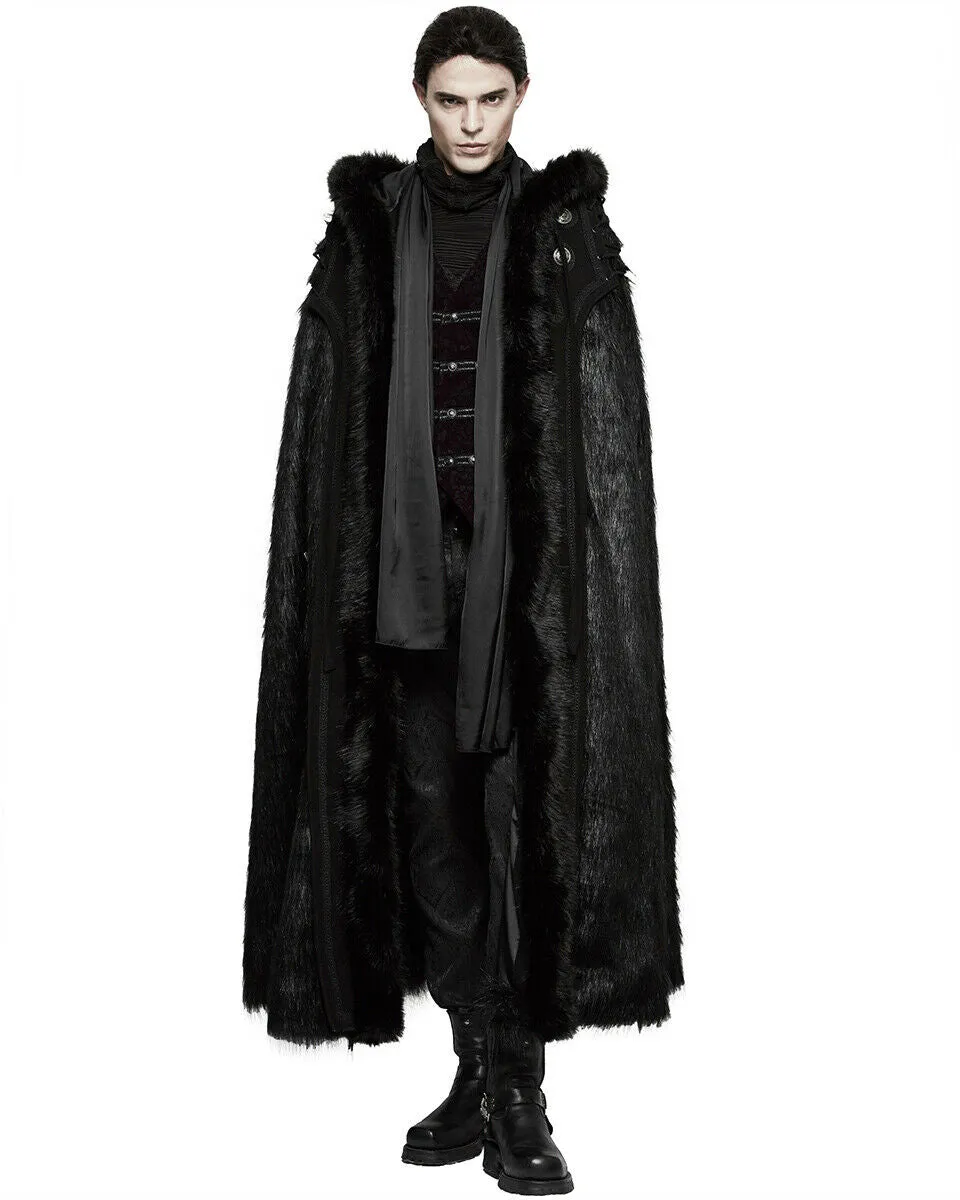 Punk Rave Mens Gothic Cloak Coat Black Faux Fur Hooded Steampunk Knight GOT LARP