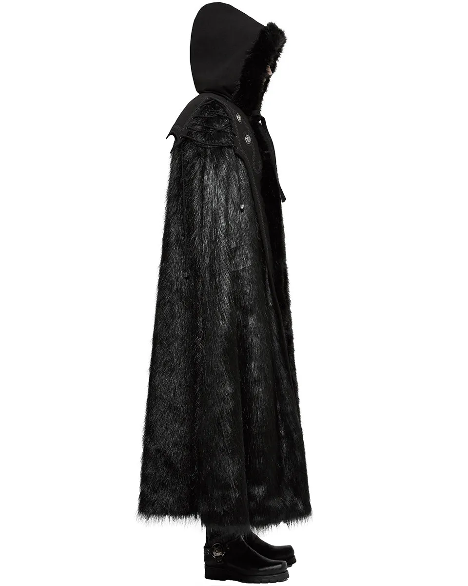 Punk Rave Mens Gothic Cloak Coat Black Faux Fur Hooded Steampunk Knight GOT LARP