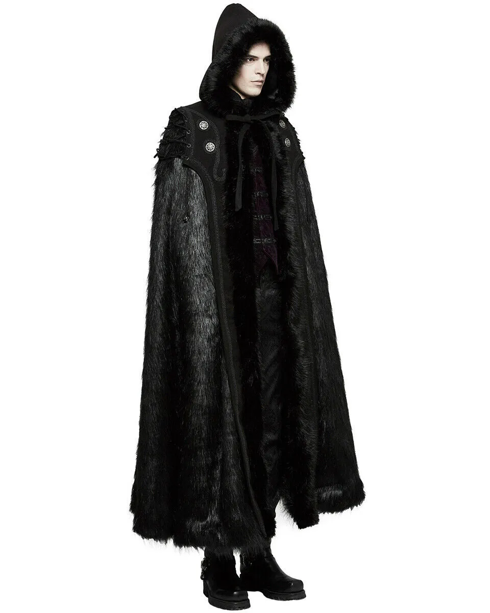 Punk Rave Mens Gothic Cloak Coat Black Faux Fur Hooded Steampunk Knight GOT LARP