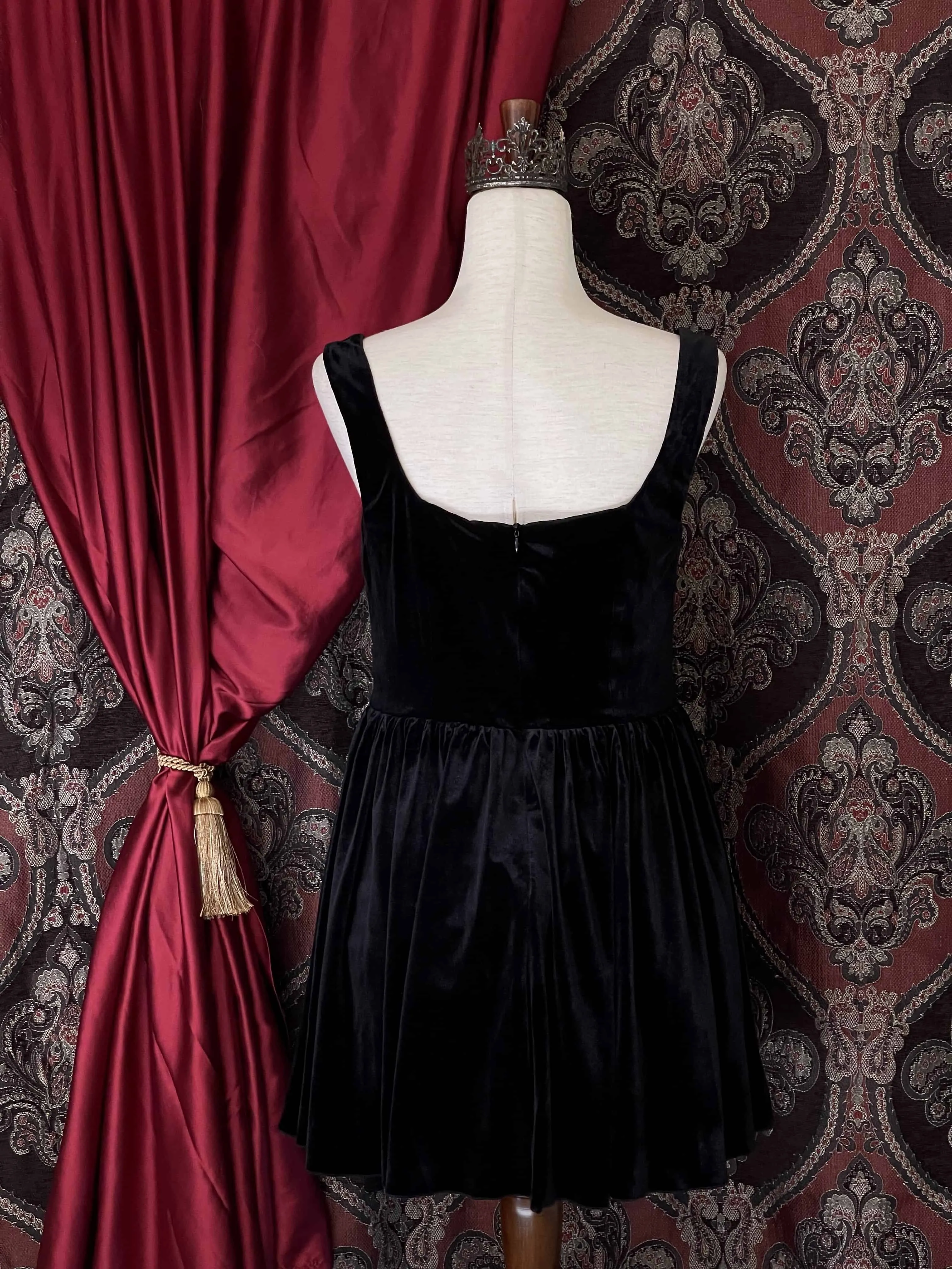 Renaissance & Tudor Era Pleated Velvet Mini Dress in Gothic Black