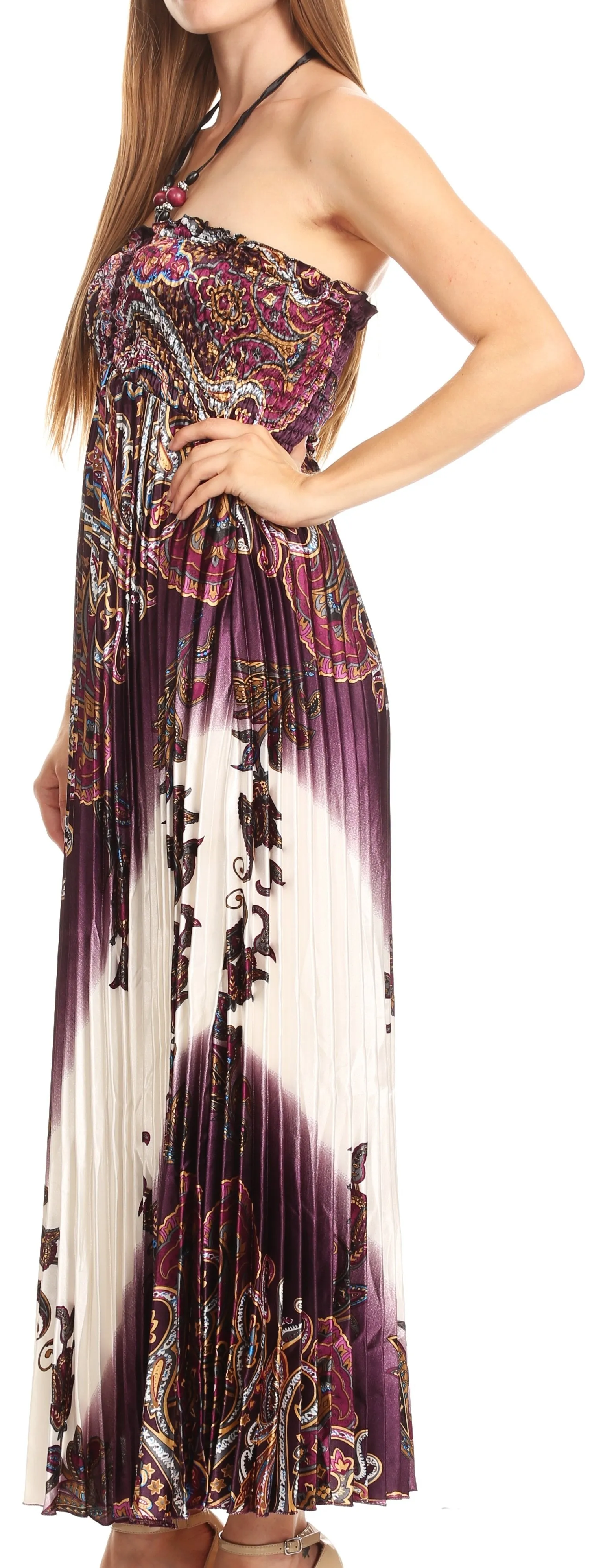 Sakkas Vanna Strapless Pleated Satin Summer Mid Dress Adjustable