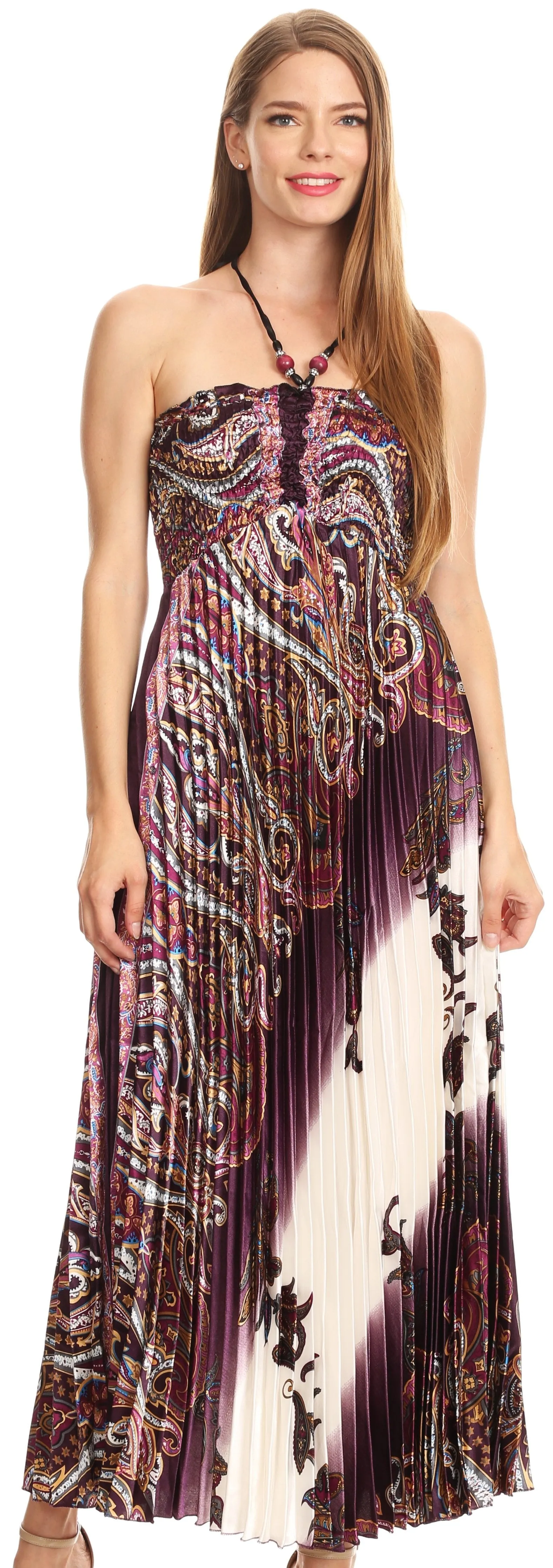 Sakkas Vanna Strapless Pleated Satin Summer Mid Dress Adjustable