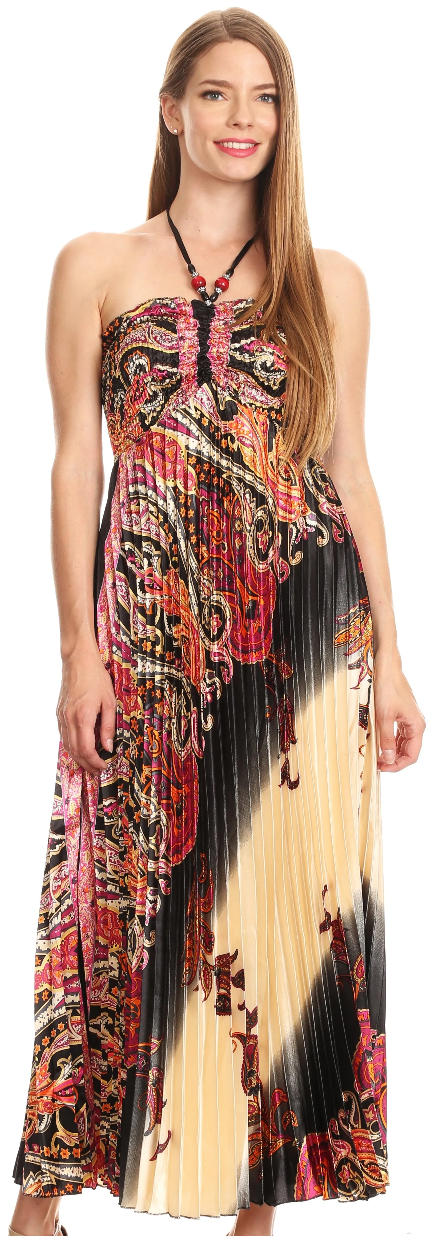Sakkas Vanna Strapless Pleated Satin Summer Mid Dress Adjustable