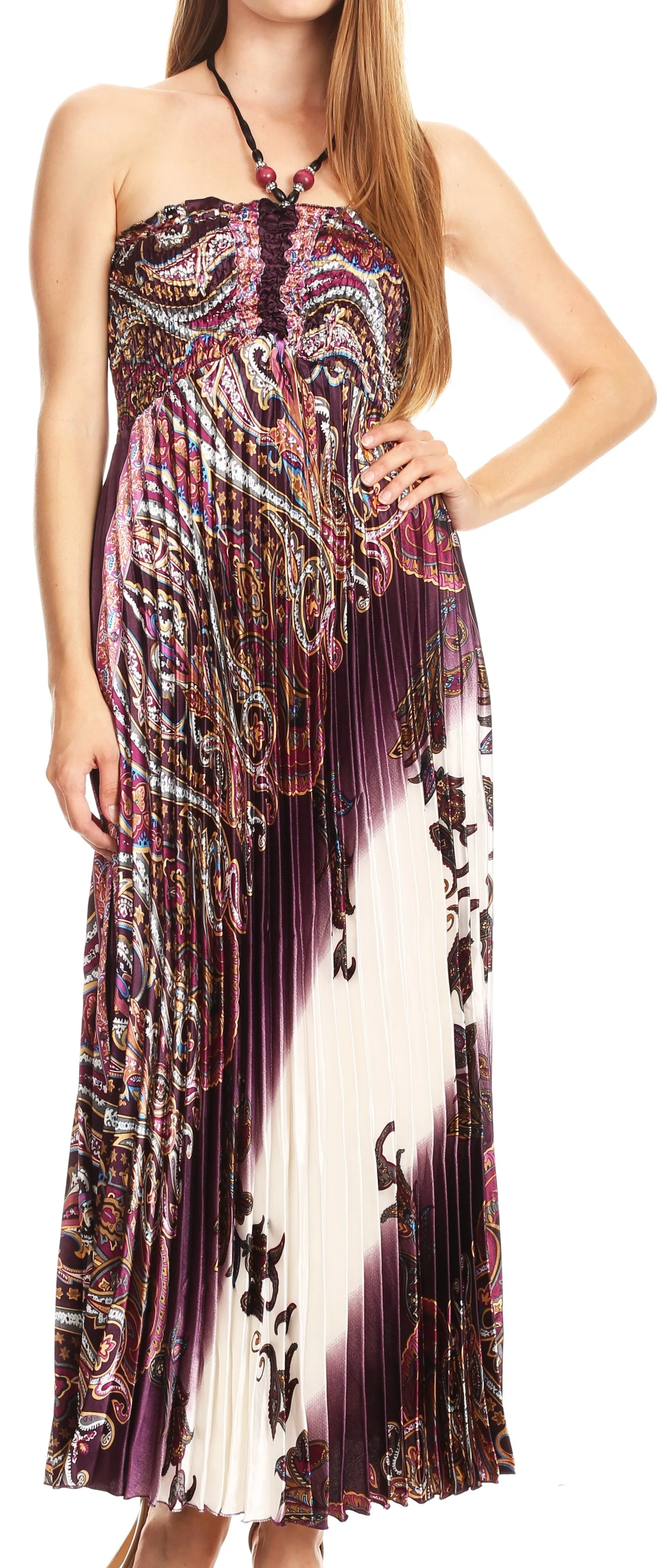 Sakkas Vanna Strapless Pleated Satin Summer Mid Dress Adjustable