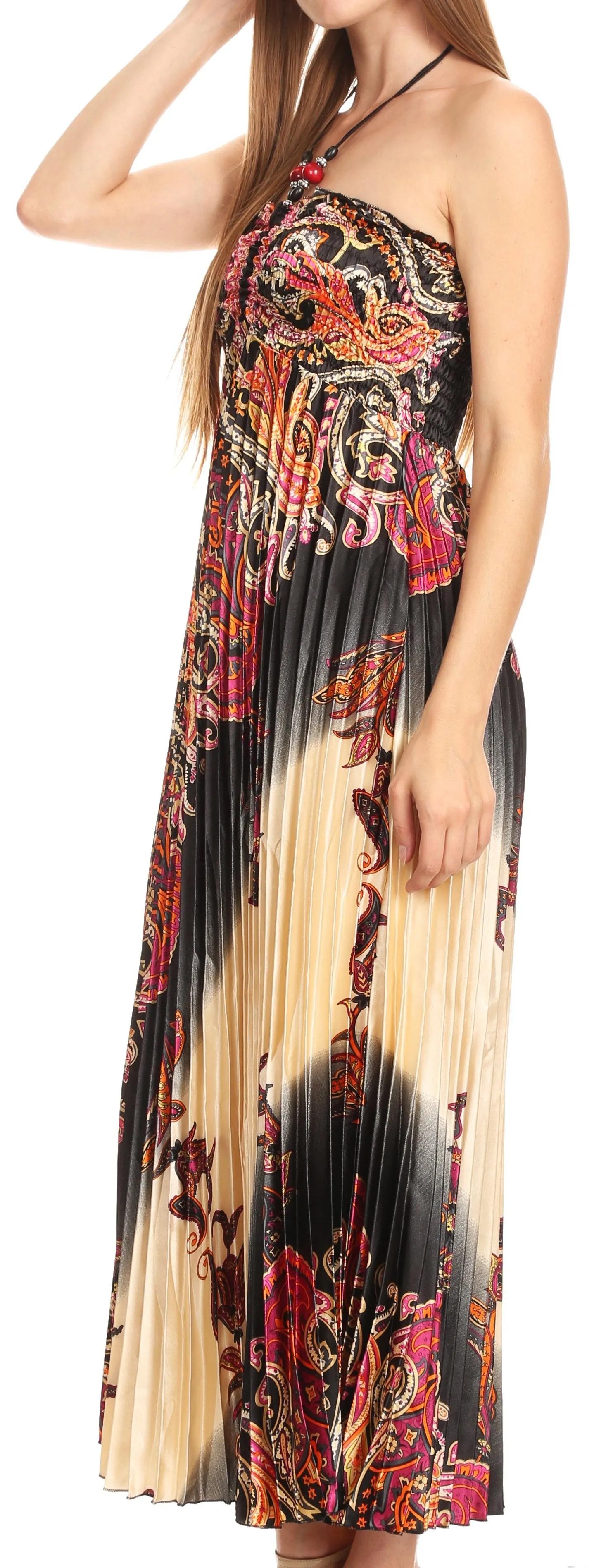 Sakkas Vanna Strapless Pleated Satin Summer Mid Dress Adjustable