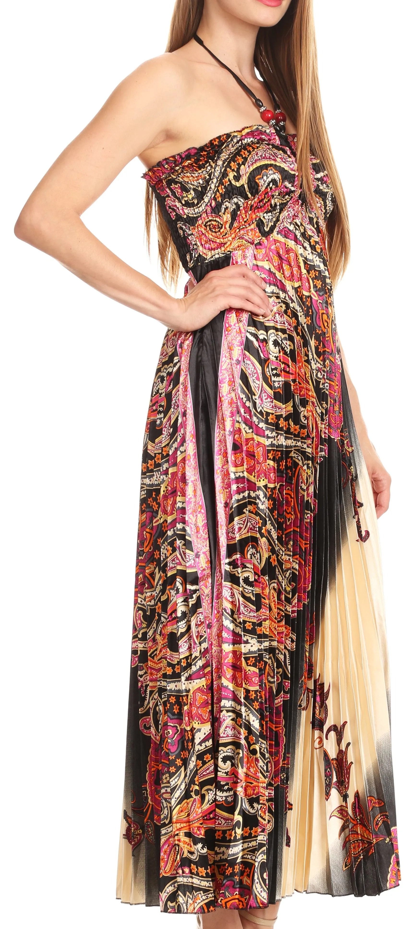 Sakkas Vanna Strapless Pleated Satin Summer Mid Dress Adjustable