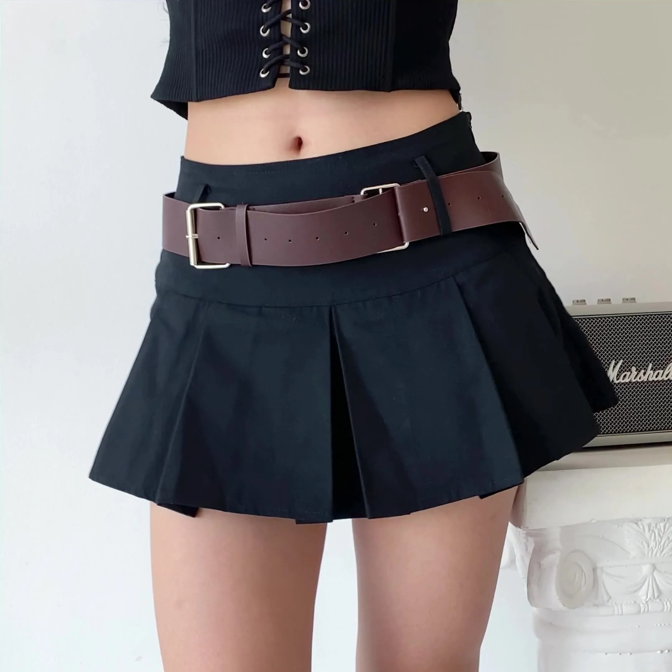 sealbeer - Y2K Corduroy Pleated Mini Skirt // Black
