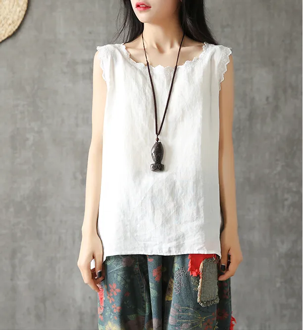 Sleeveless Summer Women Casual Blouse Cotton Linen Shirts Women Tops DZA2005246