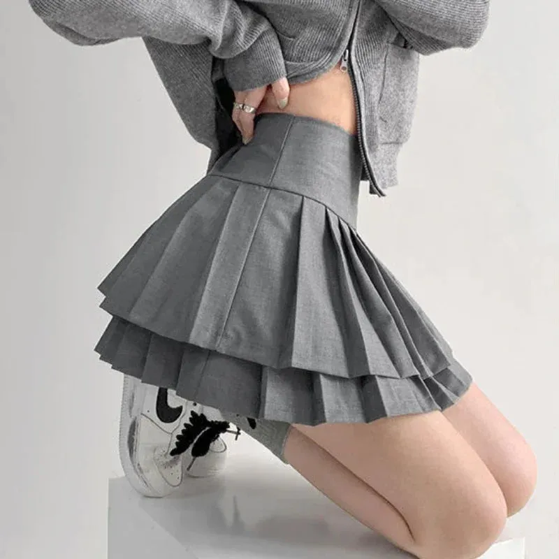 Uniwim Preppy Style Double Pleated Skirt Women Korean Skort Summer Sexy Y2k High Waist Patchwork Solid Mini Skirt A-line Casual