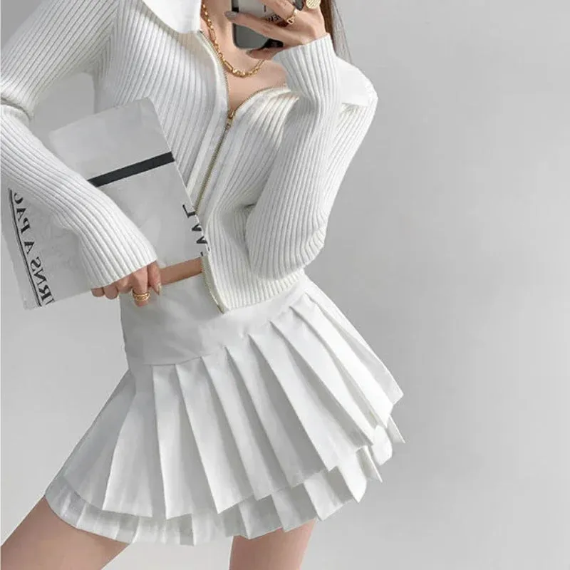 Uniwim Preppy Style Double Pleated Skirt Women Korean Skort Summer Sexy Y2k High Waist Patchwork Solid Mini Skirt A-line Casual