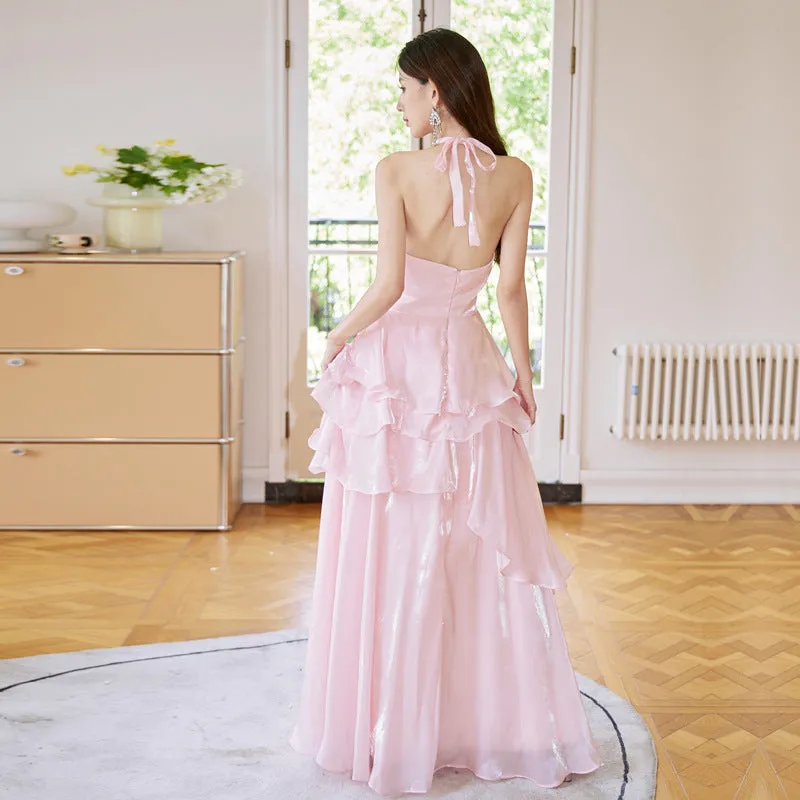 Wenkouban dress to impress codeshomecoming dress Streamer Pink Halter Dress Elegant Ruffled Fairy Dress Birthday Backless Dress