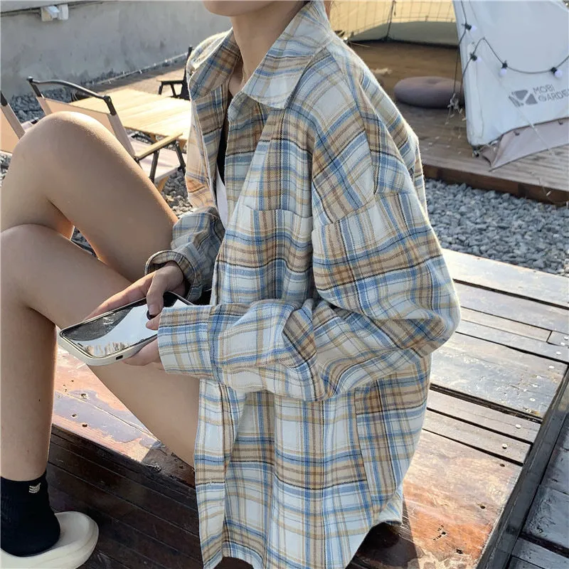Wenkouban picture day outfit Long Sleeve Plaid Shirt American Retro Loose Spring and Autumn Western Style Small Shirt Mori Women Loose Shirt Coat Women