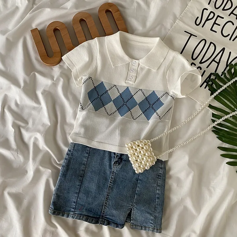 White Retro Aesthetic Design Polo Collar Cropped Shirt