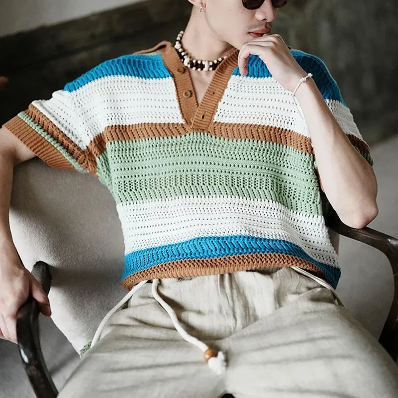 Wiaofellas  -  Men's Leisure Striped Hollow Out Polo Shirt Solid Color Texture Breathable Retro Streetwear Light Luxury Korean Popular Knitwear
