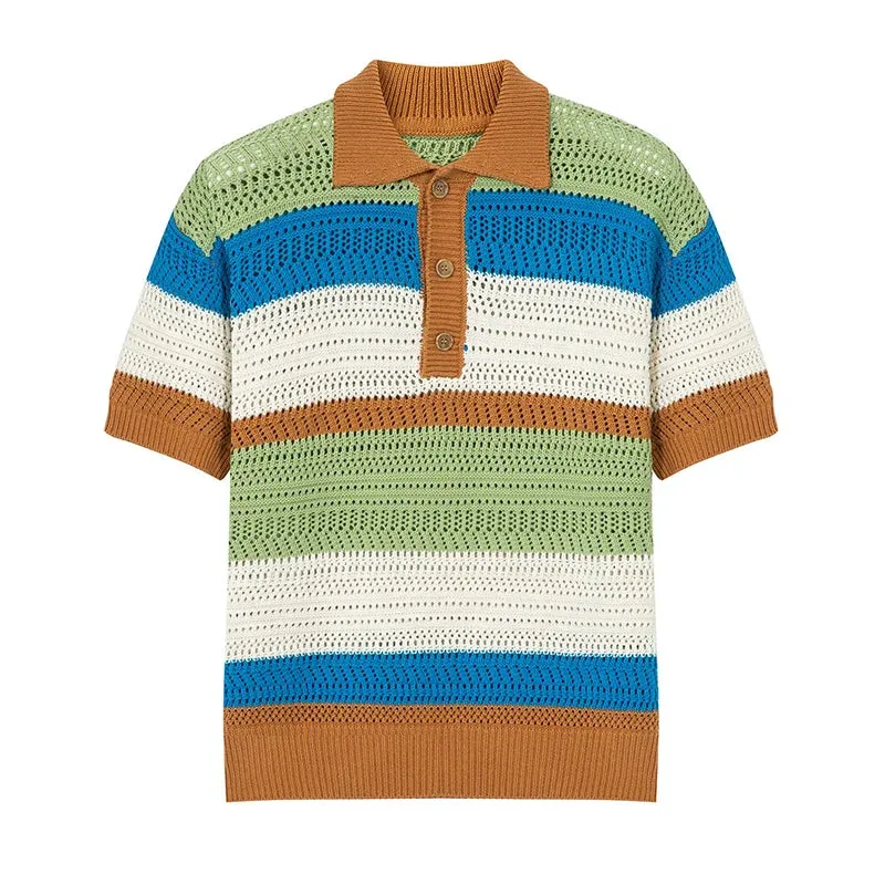 Wiaofellas  -  Men's Leisure Striped Hollow Out Polo Shirt Solid Color Texture Breathable Retro Streetwear Light Luxury Korean Popular Knitwear