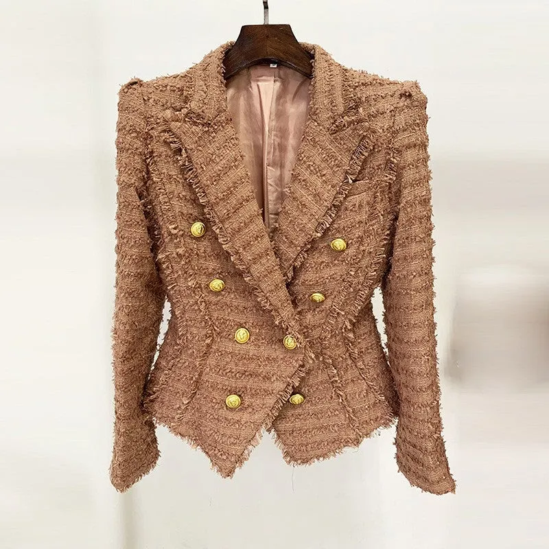 Winter Star Tassel Fringe Tweed Slim Blazer Pink Brown With Shorts