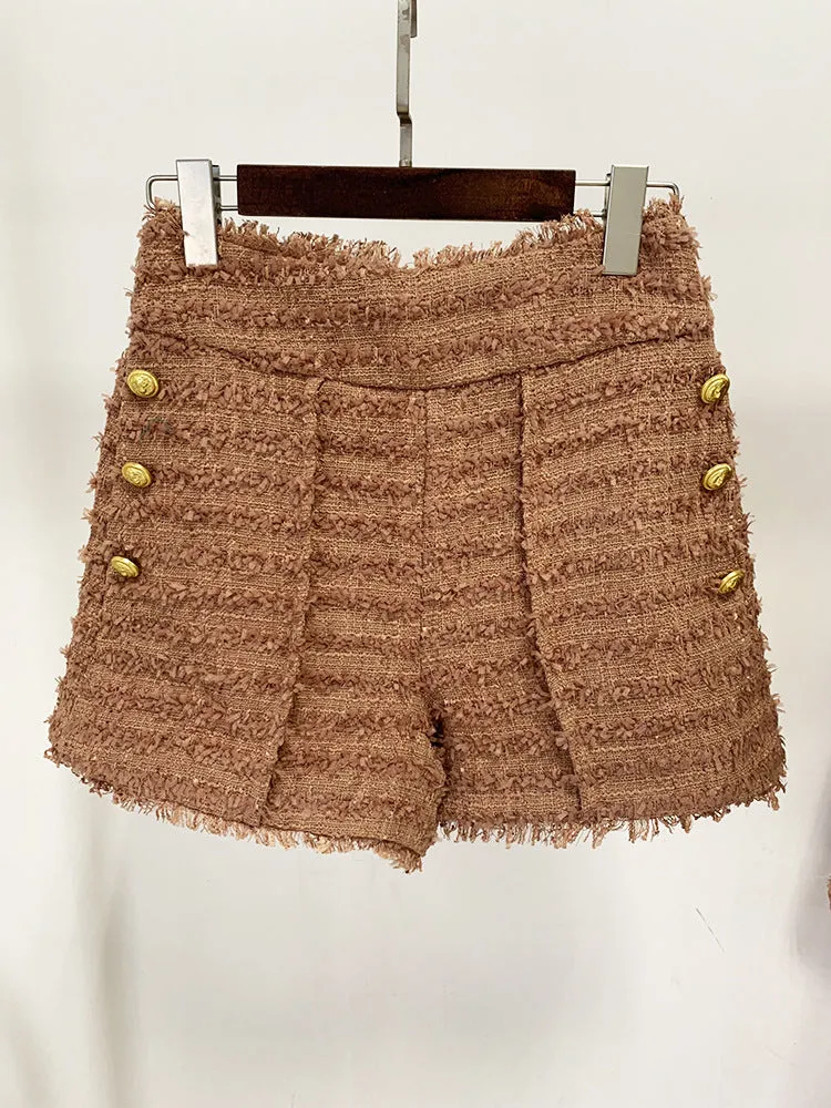 Winter Star Tassel Fringe Tweed Slim Blazer Pink Brown With Shorts