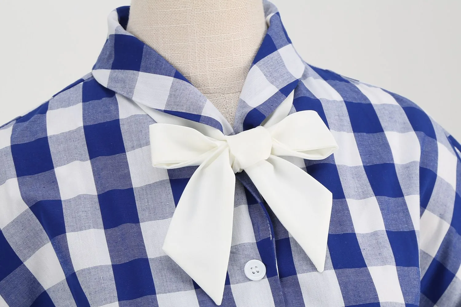 Women Tie Neck Vintage Pink Plaid Dress Buttons Down 50s Flared A-Line Prom Swing Dress