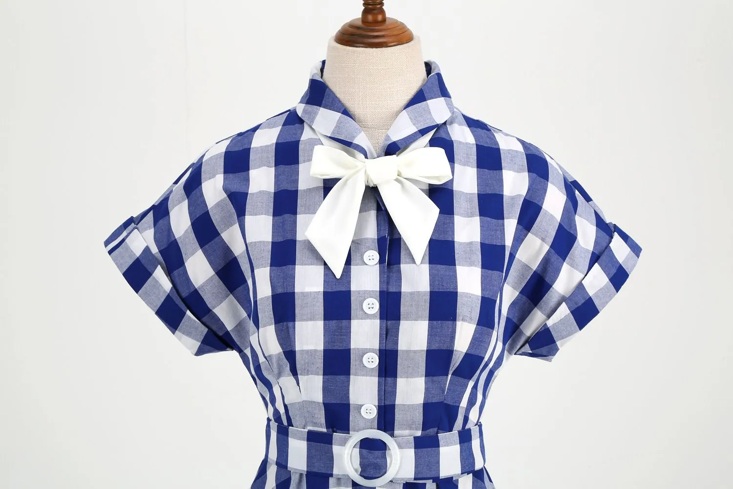 Women Tie Neck Vintage Pink Plaid Dress Buttons Down 50s Flared A-Line Prom Swing Dress
