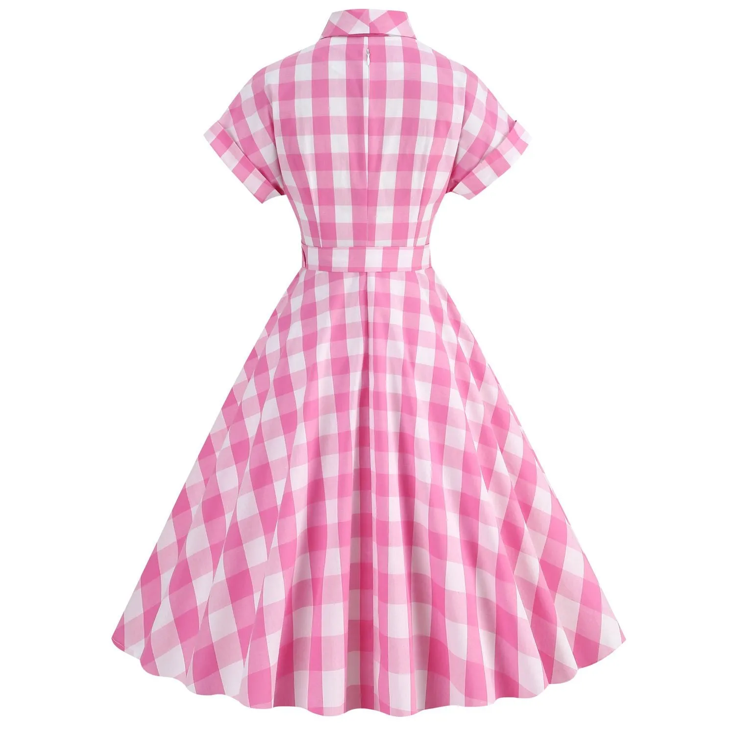 Women Tie Neck Vintage Pink Plaid Dress Buttons Down 50s Flared A-Line Prom Swing Dress