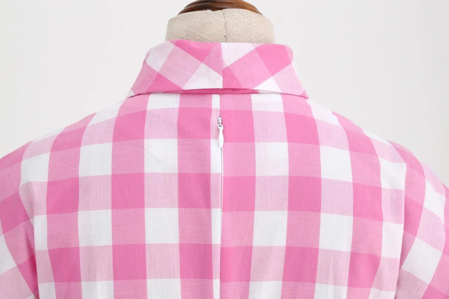Women Tie Neck Vintage Pink Plaid Dress Buttons Down 50s Flared A-Line Prom Swing Dress