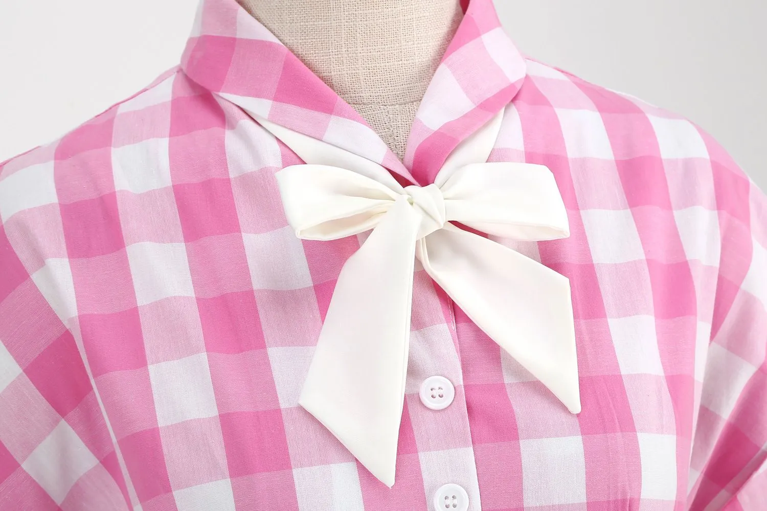 Women Tie Neck Vintage Pink Plaid Dress Buttons Down 50s Flared A-Line Prom Swing Dress