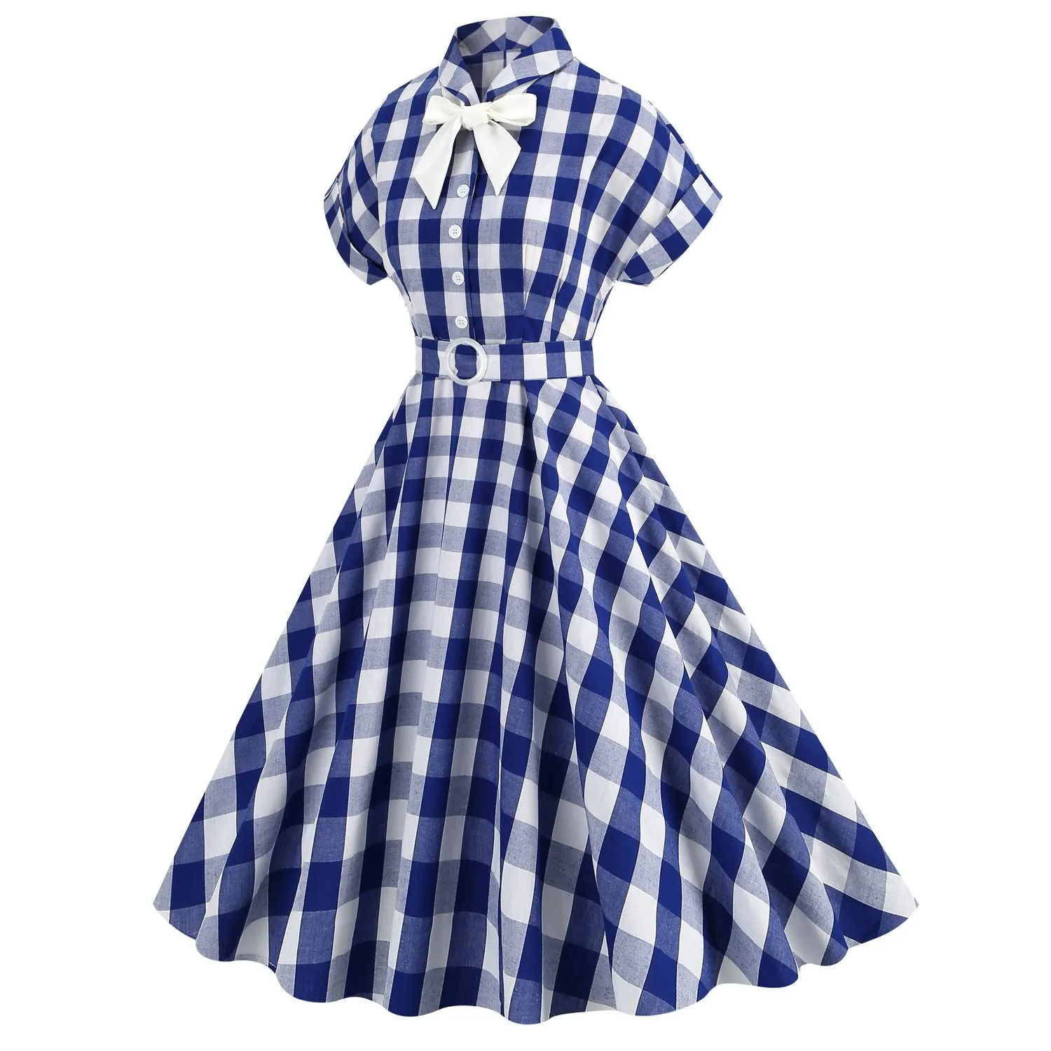 Women Tie Neck Vintage Pink Plaid Dress Buttons Down 50s Flared A-Line Prom Swing Dress