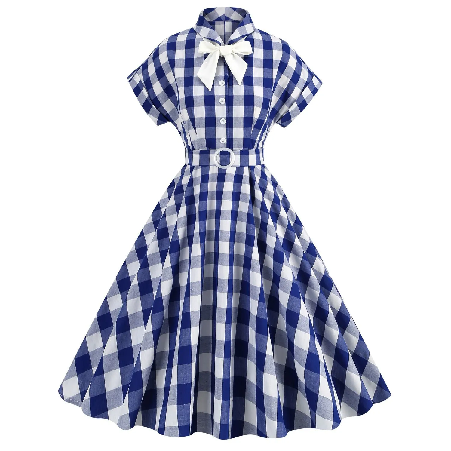 Women Tie Neck Vintage Pink Plaid Dress Buttons Down 50s Flared A-Line Prom Swing Dress