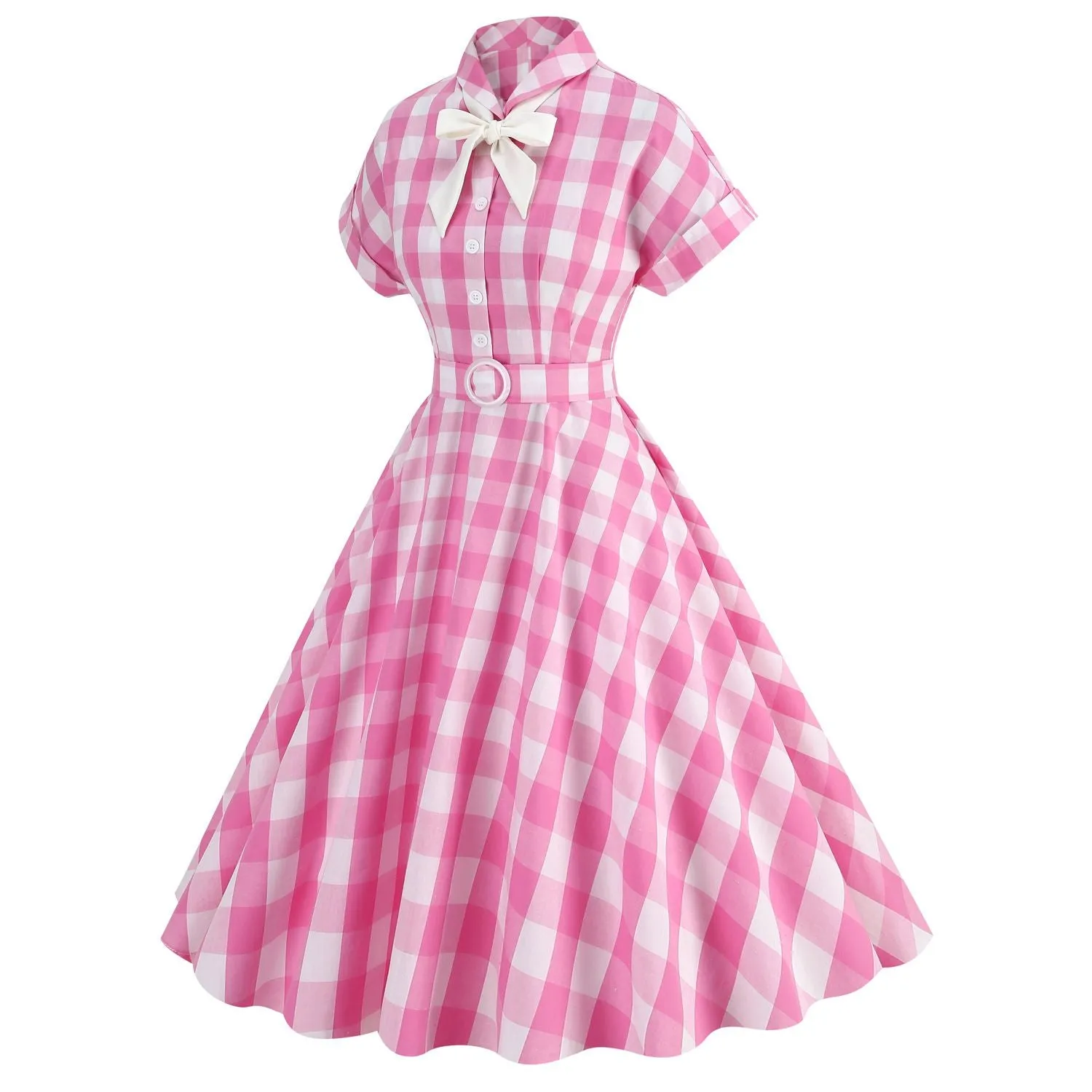 Women Tie Neck Vintage Pink Plaid Dress Buttons Down 50s Flared A-Line Prom Swing Dress