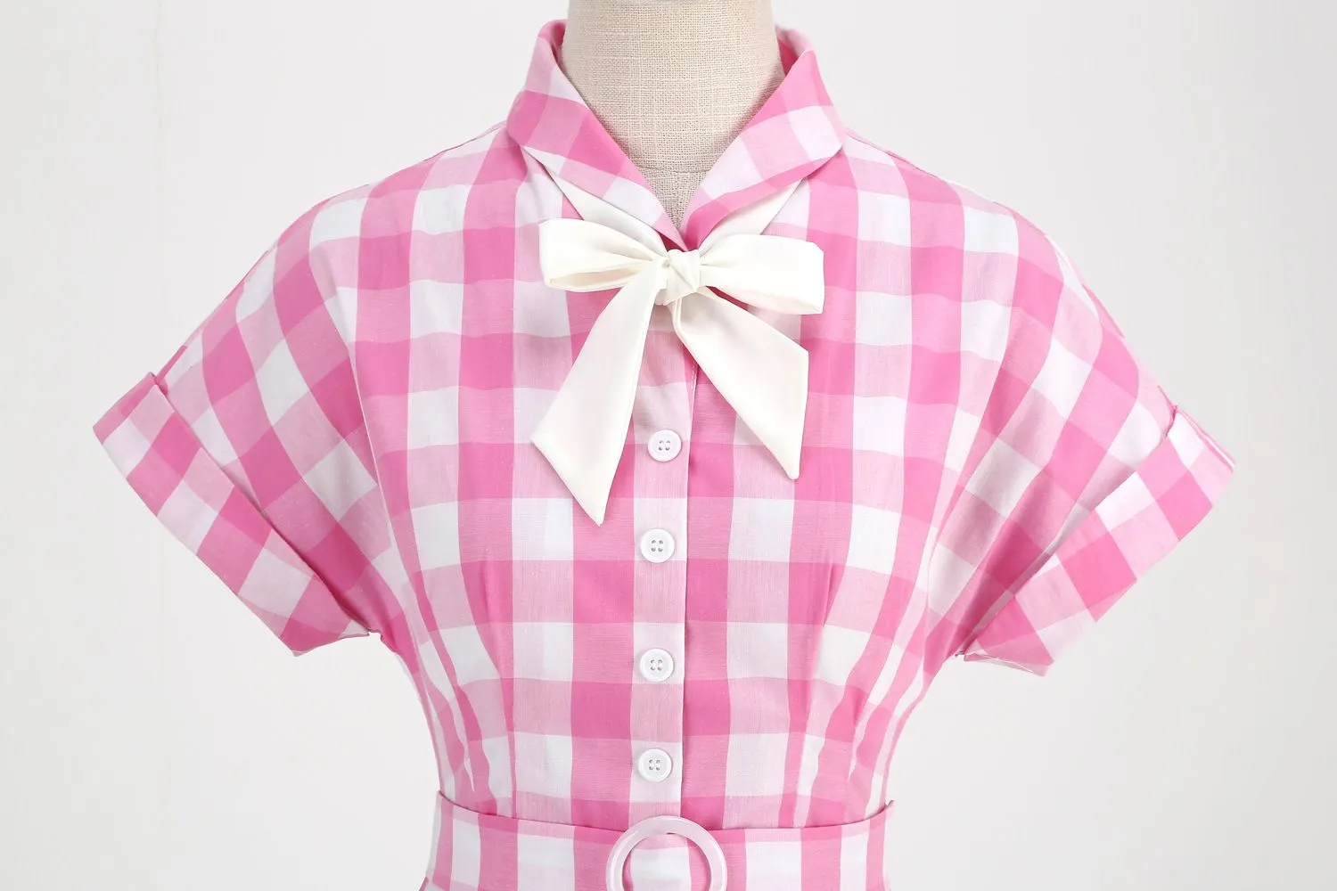 Women Tie Neck Vintage Pink Plaid Dress Buttons Down 50s Flared A-Line Prom Swing Dress