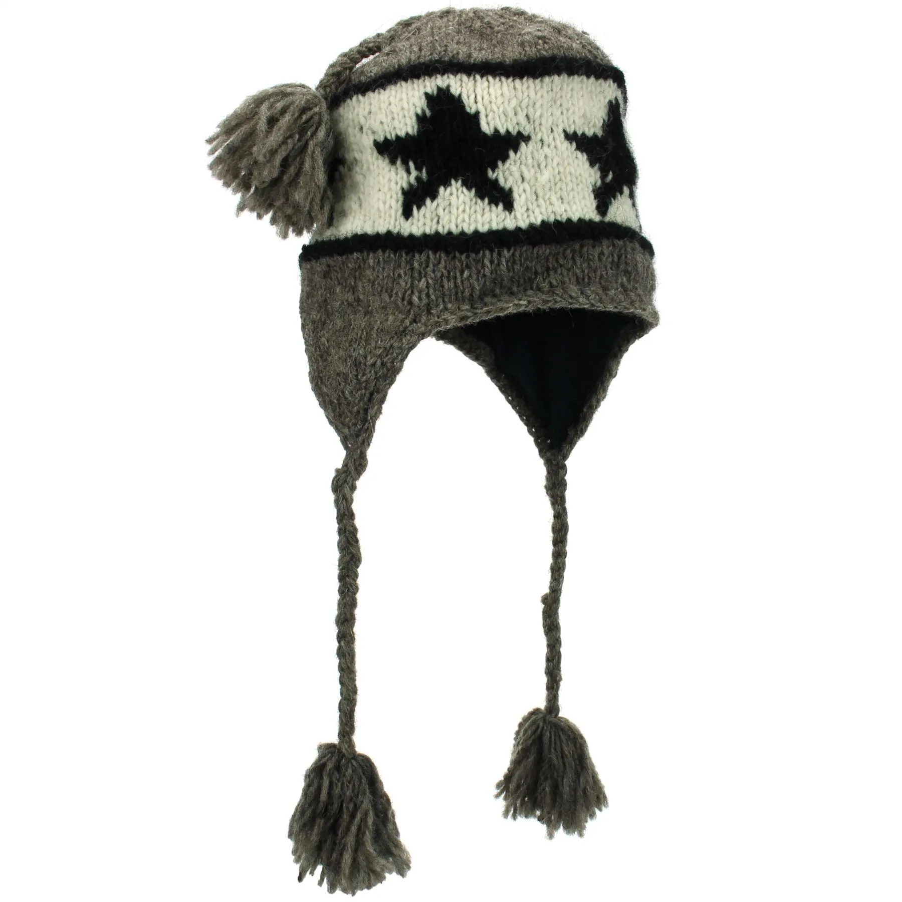Wool Knit Earflap Tassel Hat - Star Grey