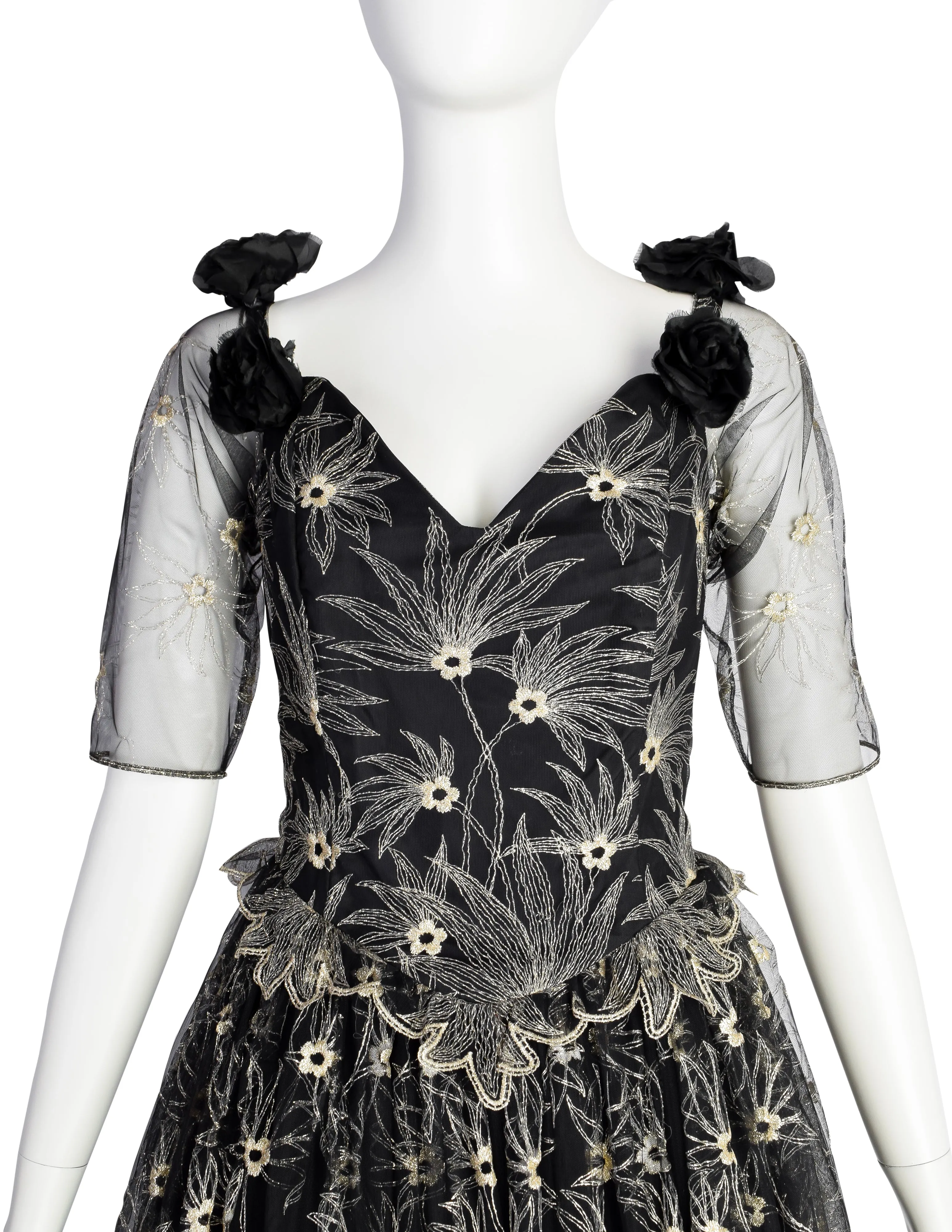Zandra Rhodes Vintage 1980s Black and Gold Embroidered Floral Tulle Princess Gown